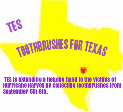 marysol_hoffman's tweet photo. TES is extending a hand to the people of Texas affected by Hurricane Harvey. We are collecting toothbrushes September 5th-8th. Thank you!:) https://t.co/ERSzhyq9br