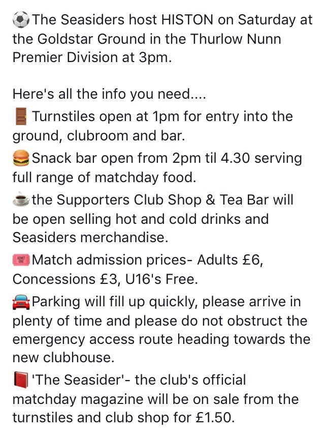 <a href="/Felixseasiders/">Felixstowe & Walton Utd FC</a> and <a href="/HistonFC/">Histon Football Club</a> supporters..... here's all the info you need for tomorrow's @thurlownunnECL clash at the Goldstar Ground