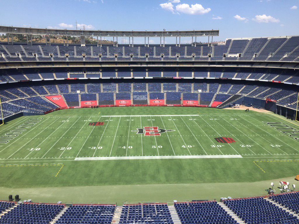 sdutkirKDKenney's tweet photo. .@Aztec_Football makes stadium field its own SAN DIEGO STATE in west end zone. AZTECS in east Giant SD midfield logo https://t.co/HVIkys5nLw