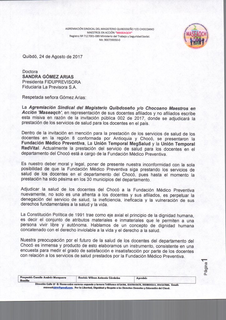 maseaqch's tweet photo. Carta enviada a la @Fiduprevisora solicitando que no se contrate más los servicios de salud de los docentes de Chocó con Médico Preventiva. https://t.co/BfeYQ46vbh