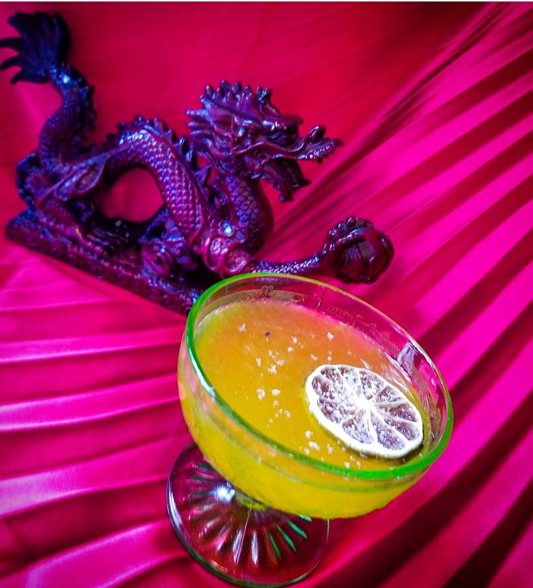 The Bangkok Yacht Club Cocktail.
Saffron Cachacha, Tumeric Falernum, Strega and Lemon