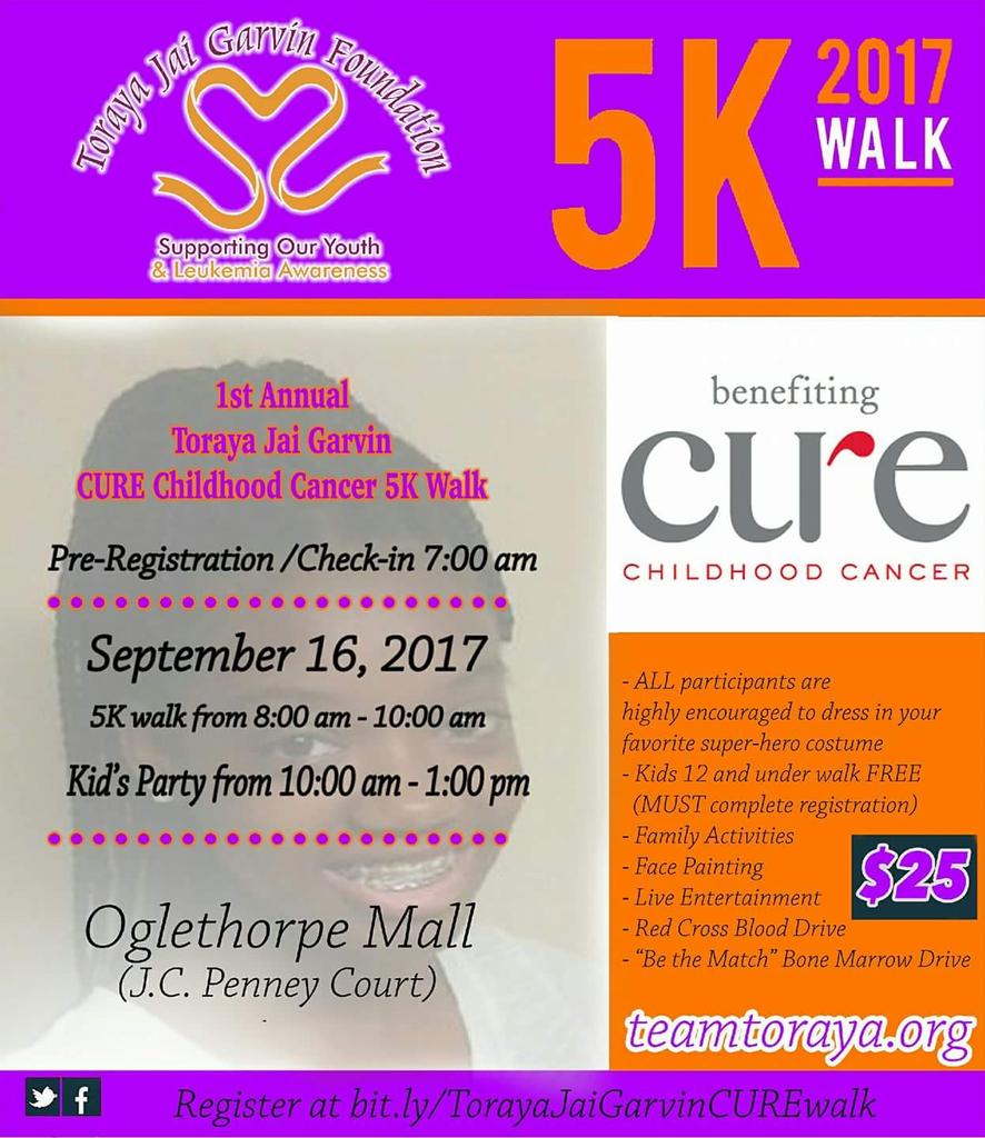 Sigma_lady's tweet photo. 1st Annual Toraya Jai Garvin #5kWalk  #September16th  #OglethorpeMall #Savannah  #ChildhoodCancer 
#TeamToraya 
#TorayaJaiGarvinFoundation https://t.co/sE8PFRlJGj