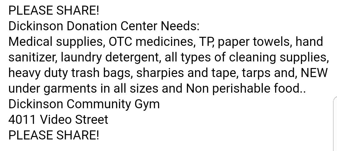 Dickinson Donation Center requests. They are really needing Clorox and brooms.