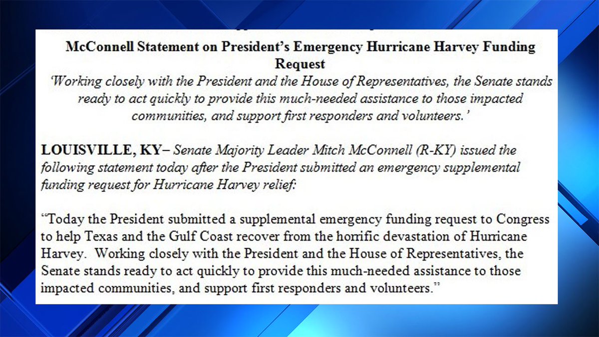 .@SenateMajLdr says "Senate stands ready to act quickly" in response to @POTUS request for #Harveyrelief funding. https://t.co/vC5kIBcHRb