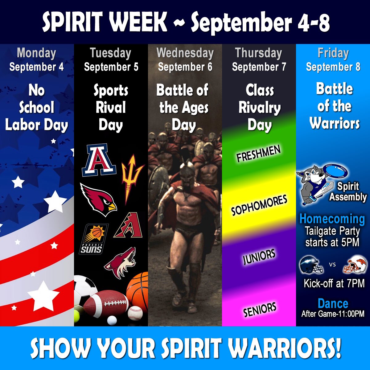 PuebloWarriors's tweet photo. Show your spirit next week #Warriors! Schedule for Homecoming Spirit Week. #RespectTheBlock https://t.co/7SycGqSBTg