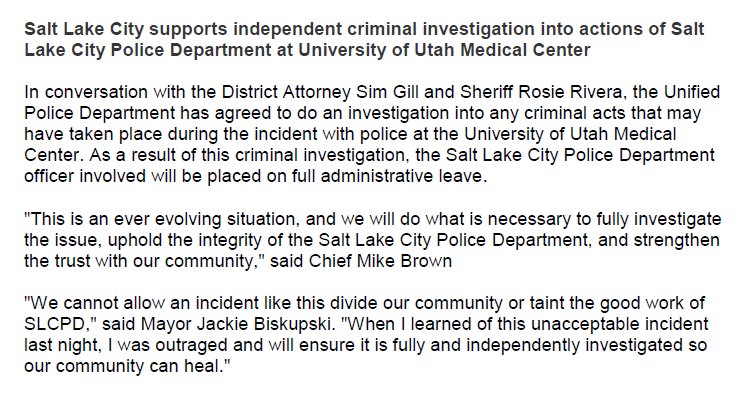 Please see <a href="/slcmayor/">Mayor Erin Mendenhall</a> and <a href="/ChiefMikeBrown/">Chief Mike Brown</a> additional statements regarding incident involving University of Utah Hospital #nurse.
