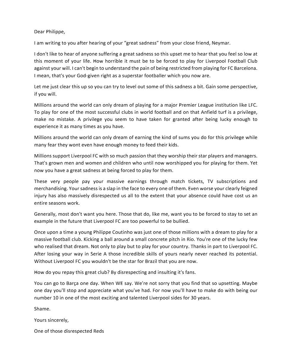 ZIYAAD_LFC's tweet photo. Open letter to Philip Coutinho...
BRILLIANT 👌
#LFC https://t.co/ynJTKbH6zC