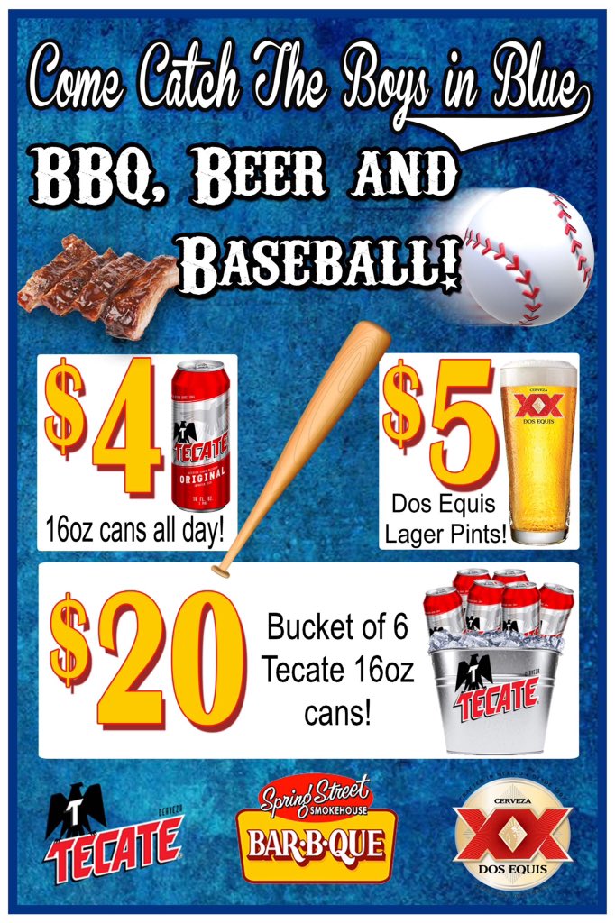 SpringStreetBBQ's tweet image. Stop by and celebrate The Dodgers with these great deals on Tecate and Dos Equis.  Go Blue!