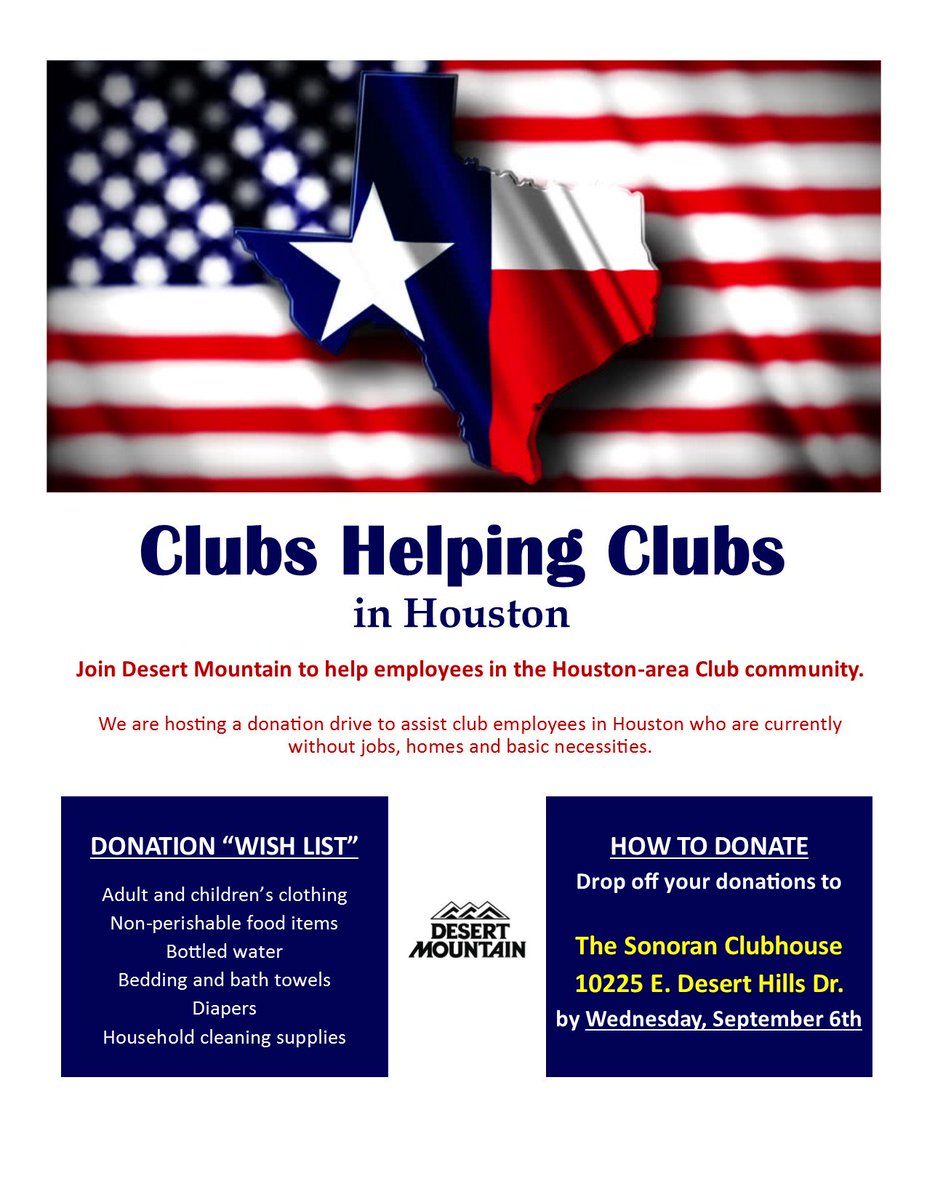 Houston club employees have lost everything. We can help. Our trucks leave Thurs 9/8. We appreciate you! #TexasStrong #ClubsHelpingClubs