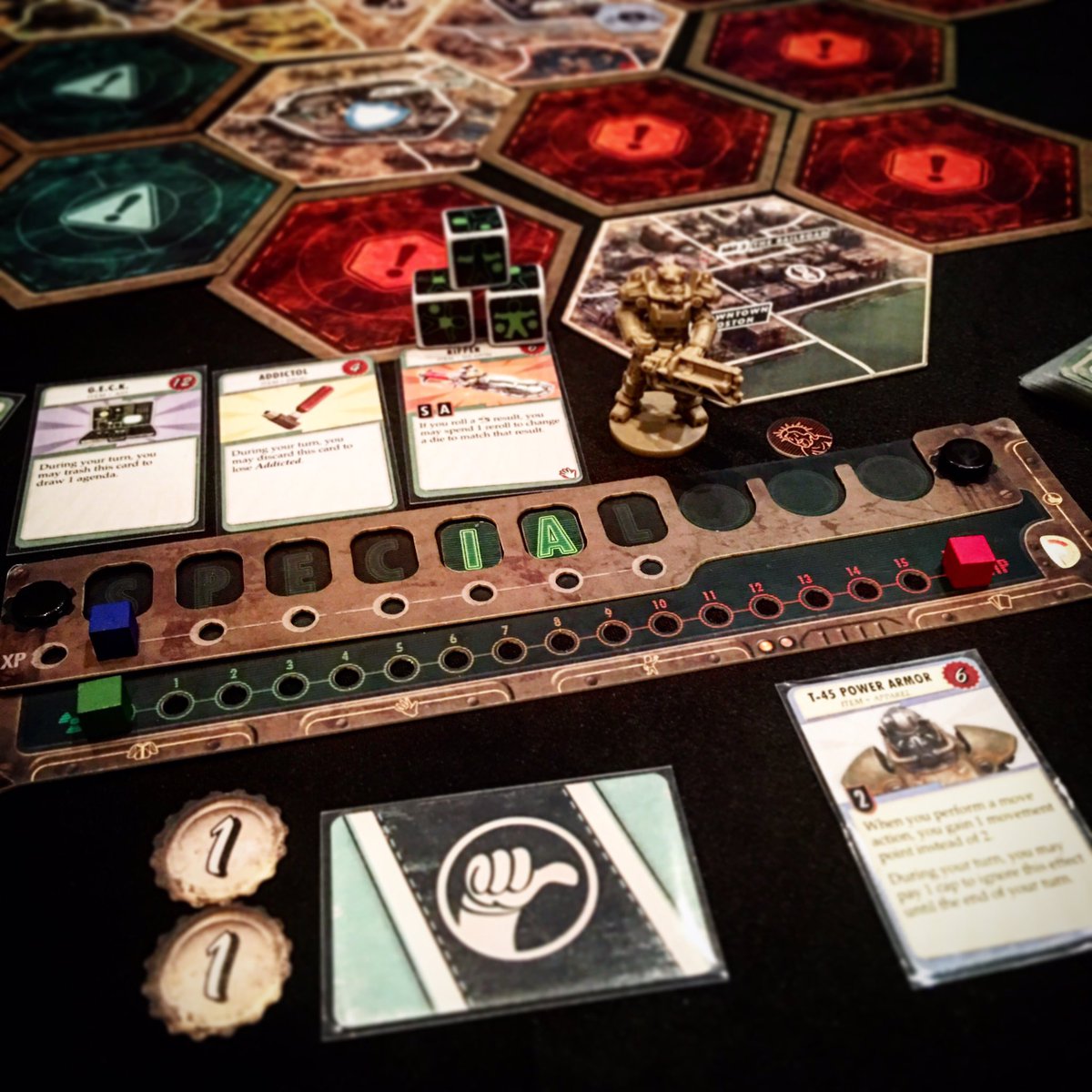 _Thaddeus's tweet photo. Testing the new #falloutboardgame Impressed by how well the "choice" mechanics translate in tabletop form. #paxwest2017 #chainsawsuit https://t.co/z24wWCPeGV