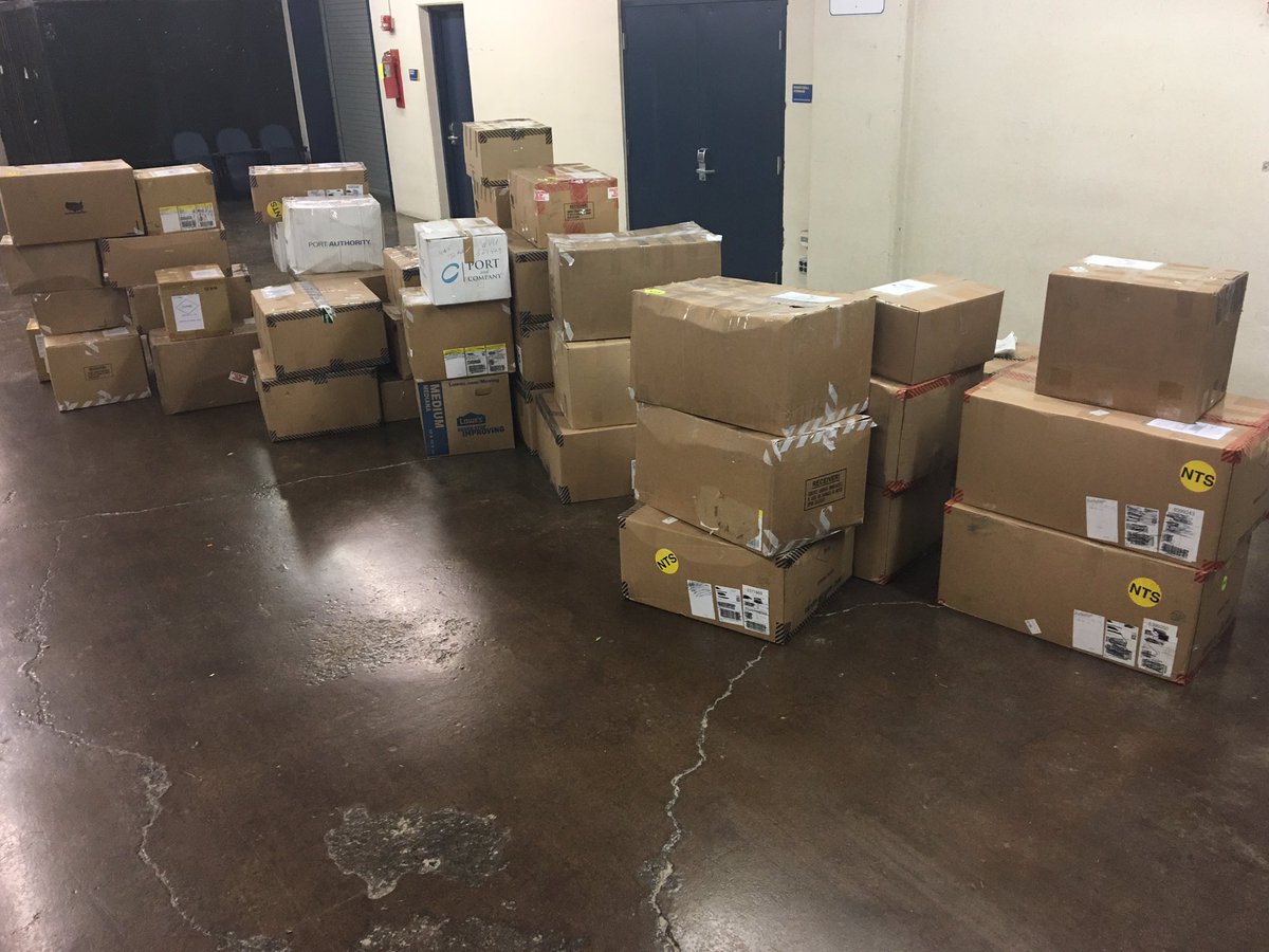 WVUSports's tweet photo. Thank you to the WVU student-athletes, coaches and staff donating 50+ boxes of gear and supplies to the flood relief effort #HoustonStrong https://t.co/xy1xqhJ7Ij
