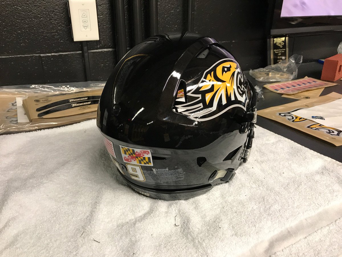 turleybrandenb's tweet photo. Awesome to see what a great job @TUEquipment does the night before game day! Even got to decal a helmet. Go @TowsonTigers! #BaltimoresTeam https://t.co/swoOeuYpTl