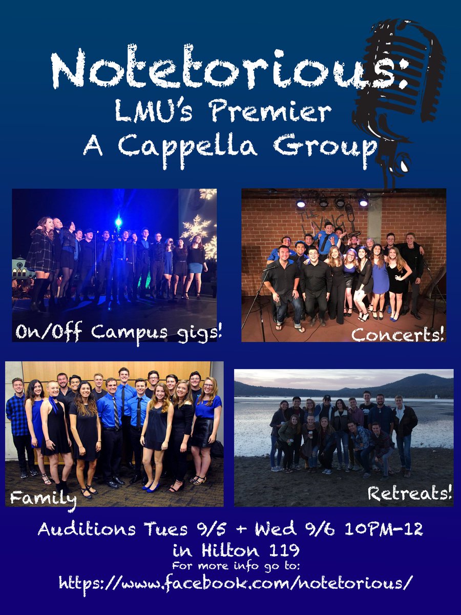 Notetorious_LMU's tweet photo. Don't forget auditions are Tuesday and Wednesday next week 10-12pm! https://t.co/AoqcZKOuHt