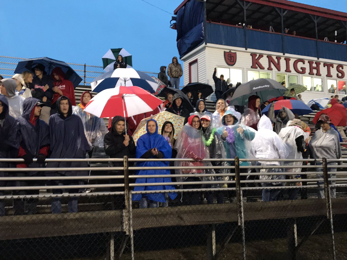 SouthDearbornHS's tweet photo. A little rain couldn't stop our outstanding student section! #GoSDKnights @sdsportsreport @knightspirit18 https://t.co/mYmkTObC1M