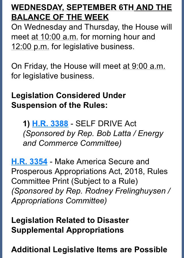 It’s official - the US House will vote on a bill to regulate autonomous vehicles next Wed.: