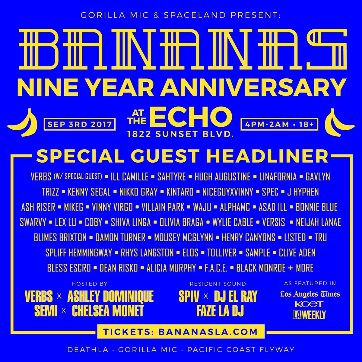 ASHRISER's tweet photo. Sunday September 3rd, the Los Angeles underground takes over @TheEchoLA, celebrating 9 years of #bananas 

4pm-2am https://t.co/vH19RFaKJj