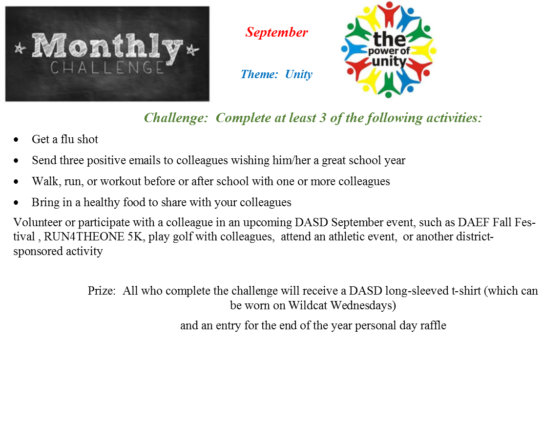 DASD_Wellness's tweet photo. Get involved in NeW this month and make a commitment to a healthier YOU!
Please see below for the September Challenge! https://t.co/nPJDrRo68D