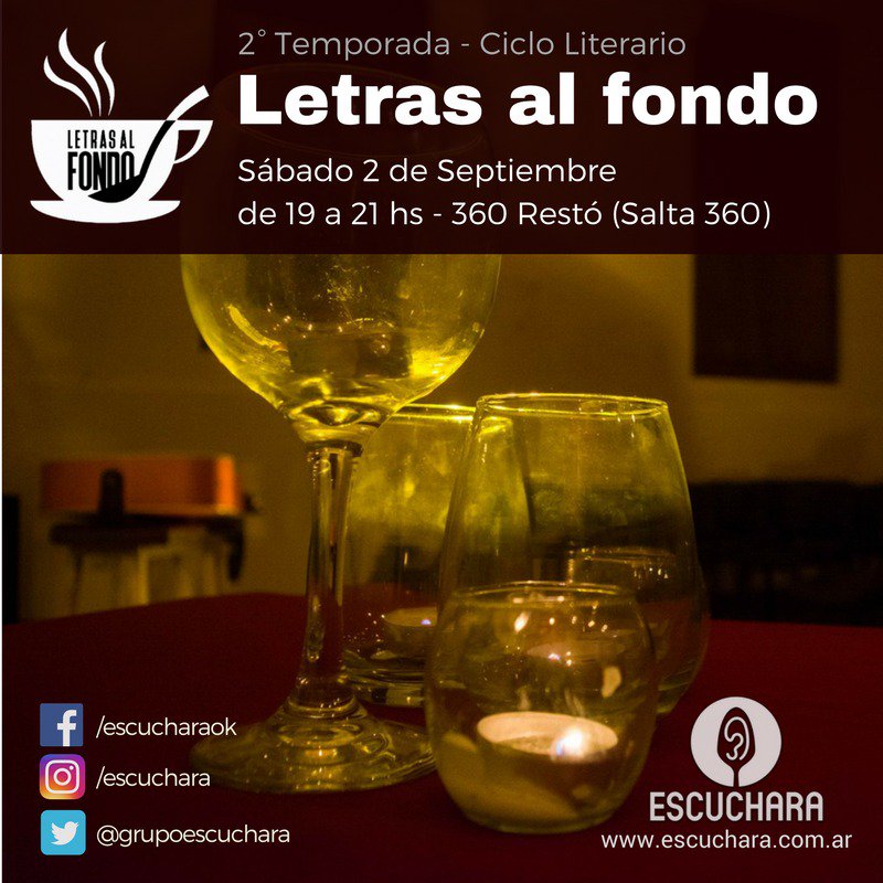 grupoescuchara's tweet photo. El #sábado 2 de #Septiembre, te esperamos en el #CaféLiterario #LetrasAlFondo. Estás a tiempo de mandar tu cuento o poema para el #concurso! https://t.co/WTvXYl4mbg