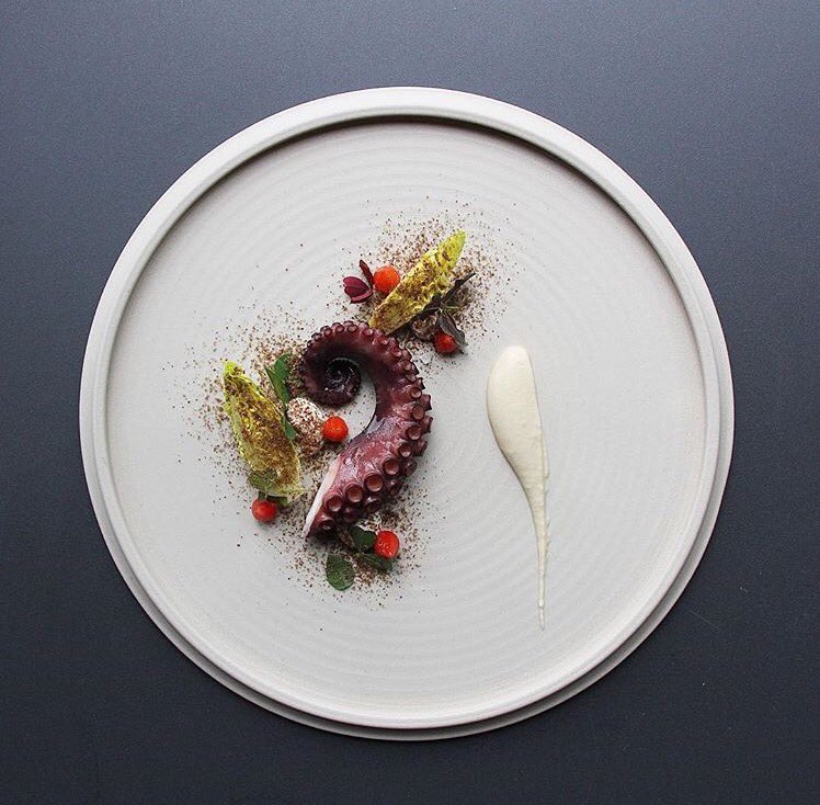 Octopus, Fermented Pepper Glaze, Romaine, Labneh, Za'atar, Fermented Chickpea &amp; Almond Hummus from the Hexagon x <a href="/MusketRoom/">MusketRoom</a> collaboration.