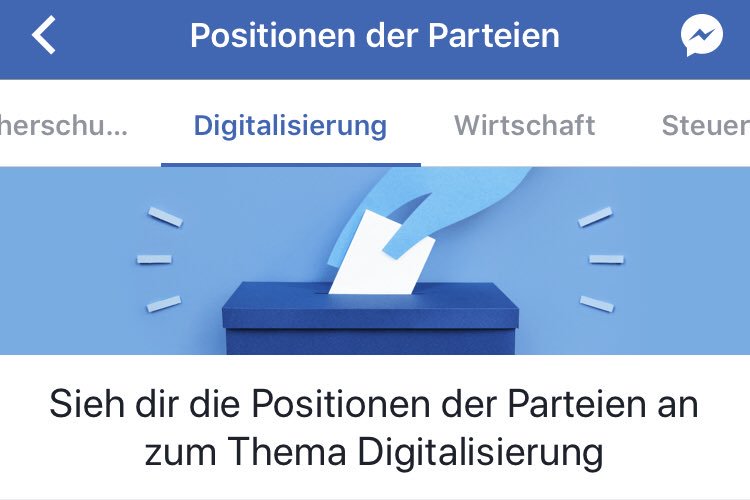 #Wahl2017 wird auch auf <a href="/facebook/">Facebook</a> beworben. Mit Positionen zu verschiedenen Themen. #Digitalisierung