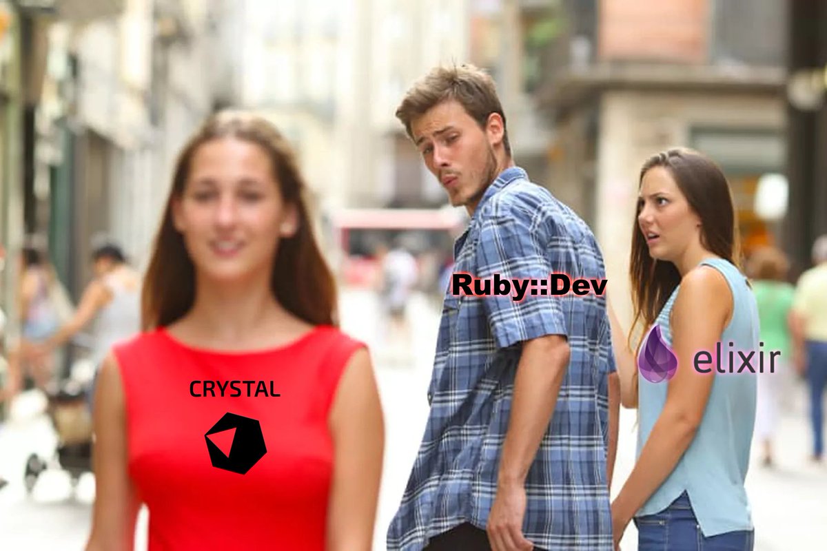 elorest's tweet photo. Ruby Devs these days. @CrystalLanguage @fridgamarator @veelenga @drujensen https://t.co/mEuLg6rh6c