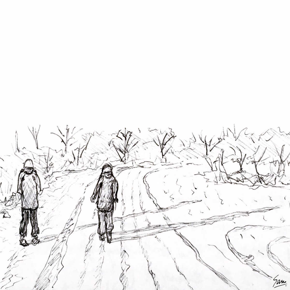Sam_Art_Design's tweet photo. Long shadows on a winter walk near #Southwell. Something to look forward to. #Artwork 151. #art #illustration #line #ink #countryside https://t.co/ecorU7c3xn