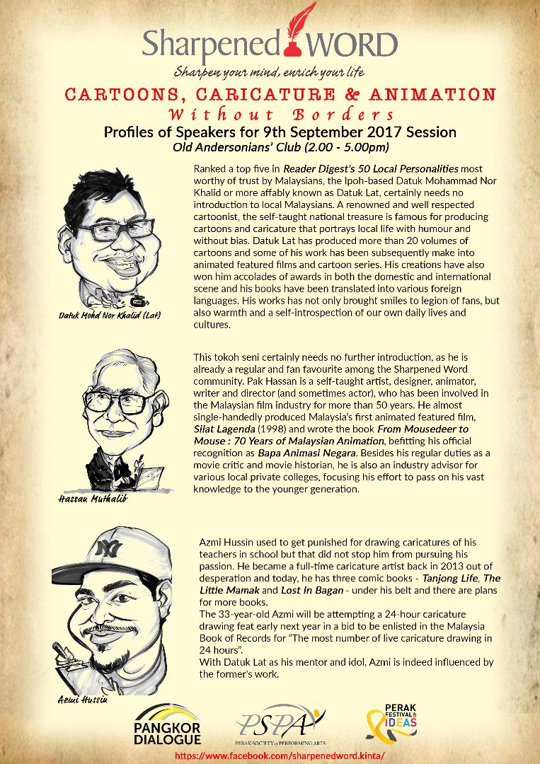 kakiseni's tweet photo. IPOH: Join Dato Lat, Hassan Muthalib and Azmi Hussin for a talk about cartoons, caricature and animation! https://t.co/AEJu4Fv8cp