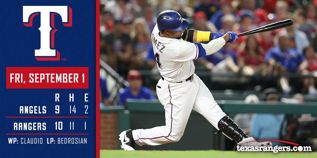 Rangers's tweet photo. RECAP: Rangers blast three homers to outlast Angels. https://t.co/SnF6ZFdGCv #LetsGoRangers https://t.co/pQH7f6VihR
