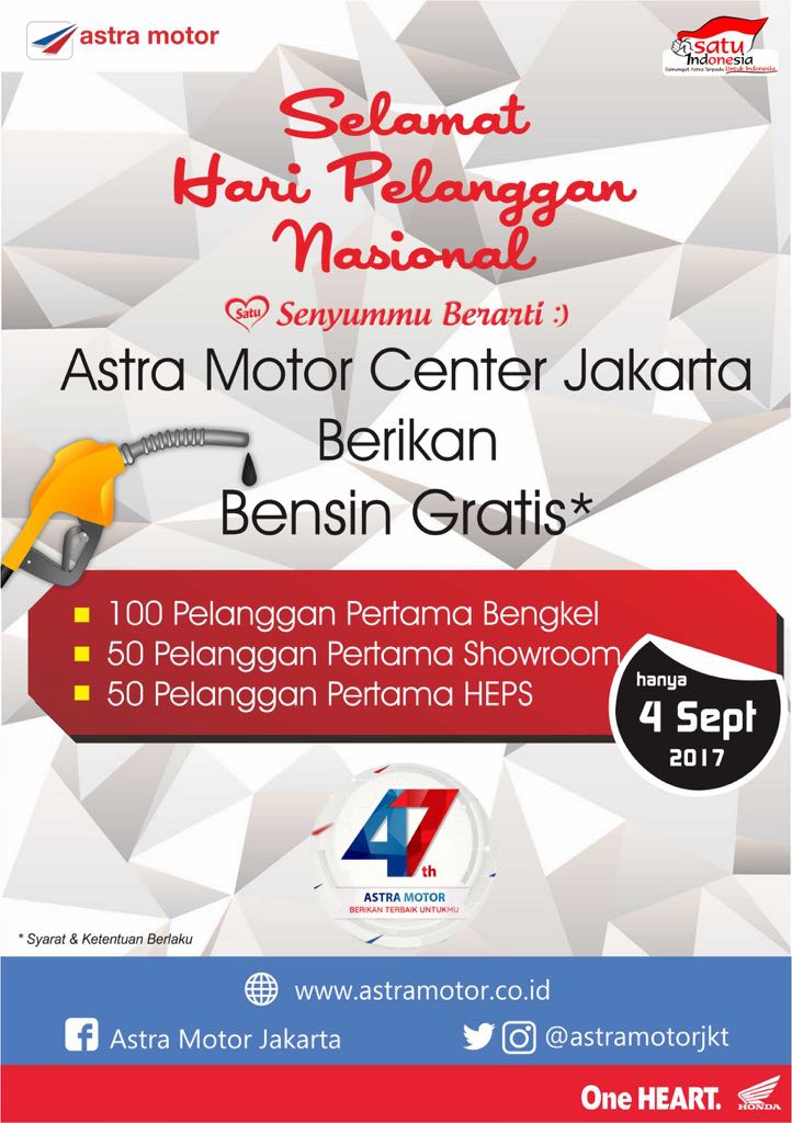 AstraMotorJkt's tweet photo. SERVIS MOTOR dptkan BENSIN GRATIS khusus u/ 100 konsumen pertama @AstraMotorJkt. Jgn lewatkan ya BroSis cuma Senin, 4Sept'17!
#harpelnasASMO https://t.co/OgKikTmW5i