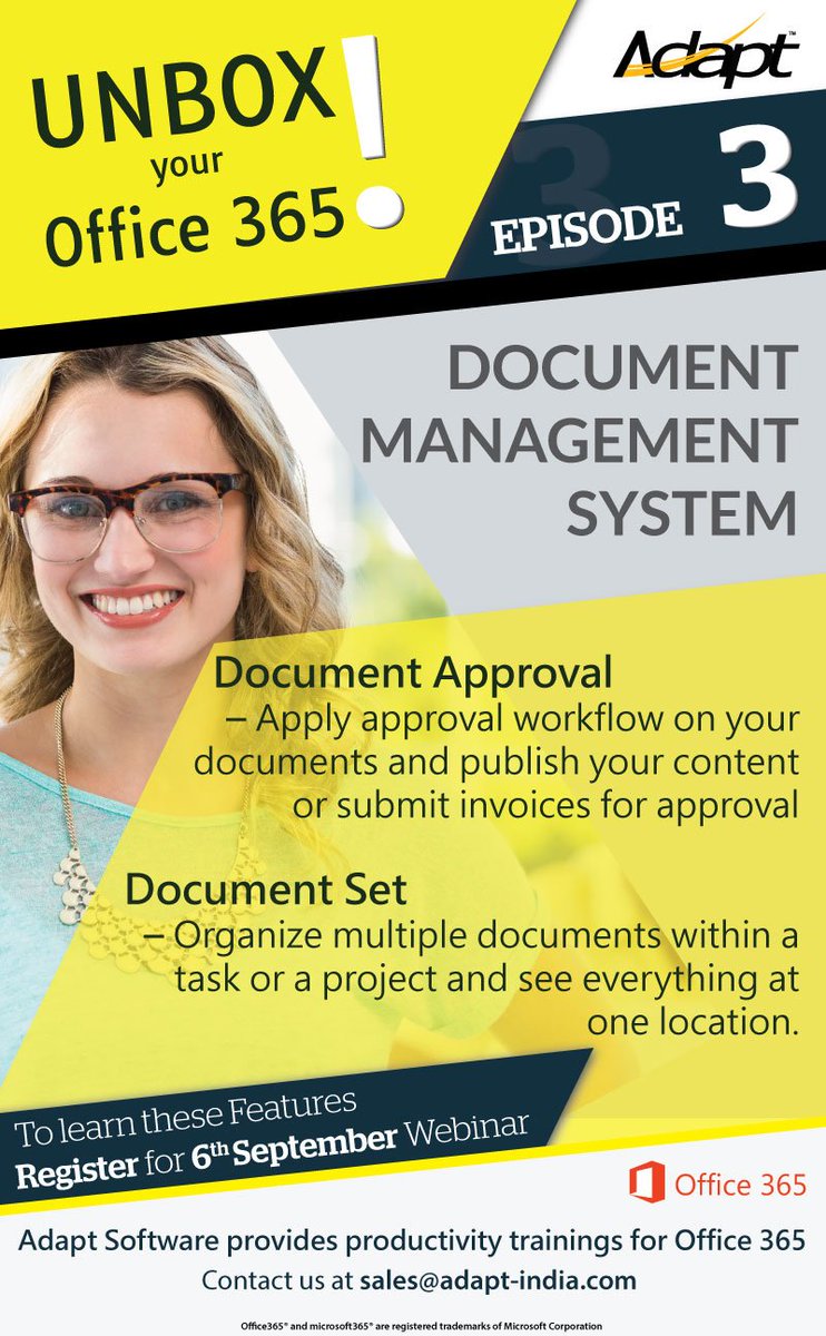 adapt_software's tweet photo. Get trained on #DMS in #Office365 & #Sharepoint with preview of #DocumentApproval & #Documentset
Register : https://t.co/lX5yjhBzqV https://t.co/C6kGZsj14o