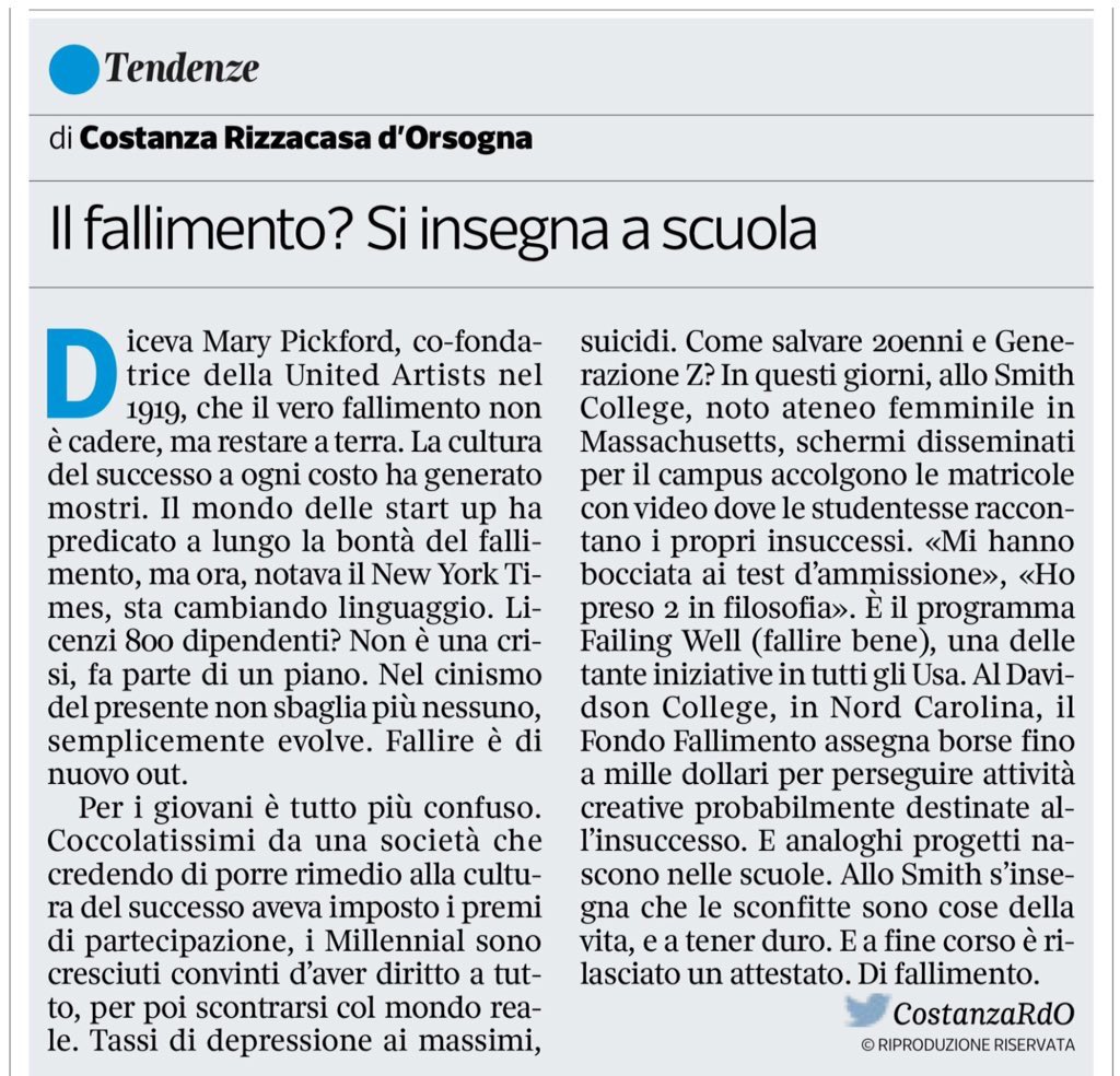 CostanzaRdO's tweet photo. Il fallimento? S'insegna. Giovani ipercoccolati e impreparati alle avversità,i college corrono ai ripari. Coi corsi di fallimento. Ne scrivo https://t.co/cQqEWN6qGs