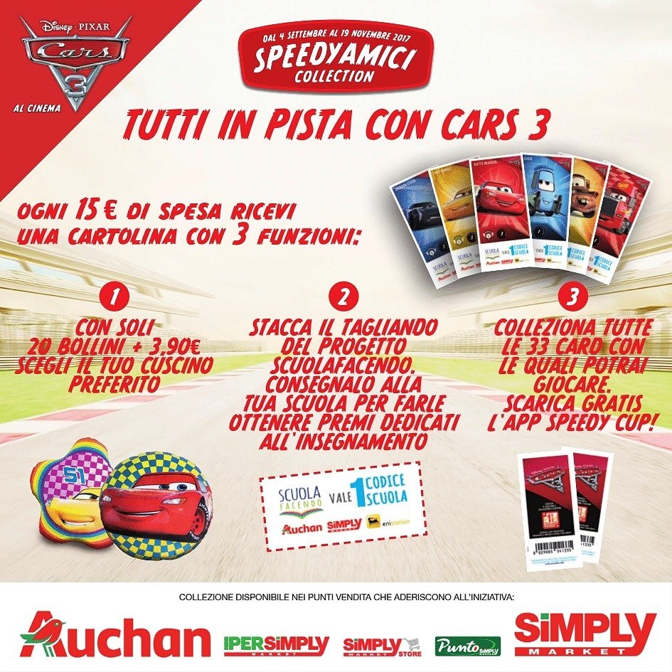 auchancampania's tweet photo. Il 4/9 arriva SpeedyAmici Collection!🚗 con15€di spesa riceverai una Card con 3 funzioni:
1⃣Cuscini Cars🚗
2⃣Premi scuola
3⃣Card da gioco https://t.co/q3K1HFlptw