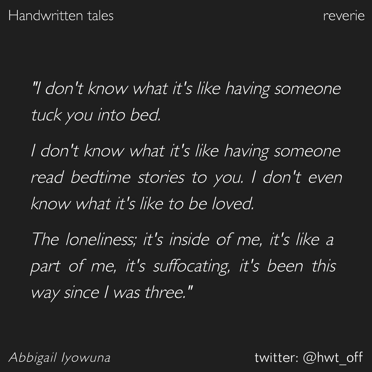 hwt_off's tweet image. Tale | Abbigail Iyowuna
Instagram: @handwrittentales
Use #hwtsubmit in your tweets to submit.
facebook.com/handwrittental…
#handwrittentales