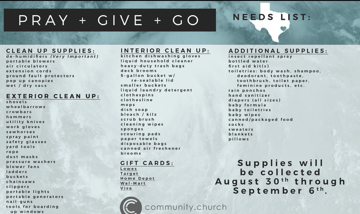 EmilyJordan4VA's tweet image. Items needed for #HarveyRelief that Community Church is collecting. My biz is a drop off point, but I&apos;ll pick up items too! #HelpforHouston