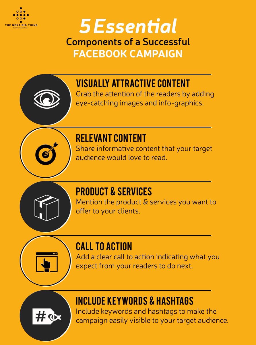 TNBTco's tweet photo. 5 Essential Components of a Successful #Facebook Campaign. Check it out:

#DigitalMarketing #MarketingTips #SocialMedia #Marketing #Content https://t.co/PAQstZlk3i
