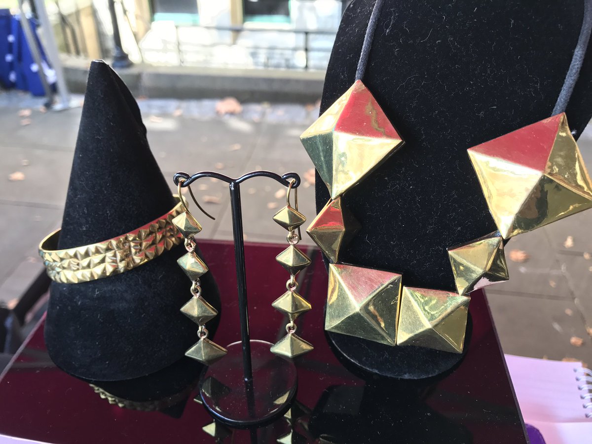 EatMeDrinkMeLDN's tweet photo. Recycled acrylic and brass from bullets & bombs make show stopping jewellery by @Taeko_INHEELS at #CraftedW5 today 'til 5. https://t.co/8HCWFQp1Lv