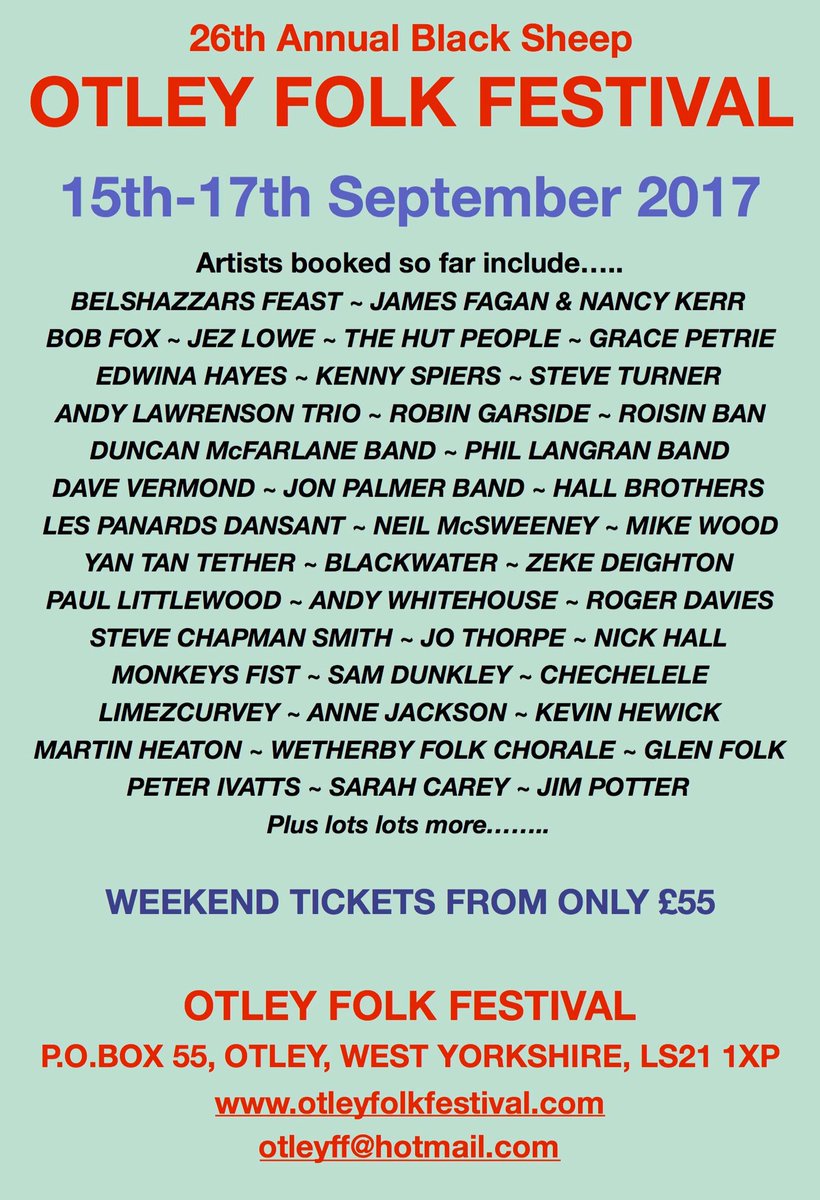OtleyFF's tweet photo. Less than 2 weeks to go! Tix available from the website. Going to be a cracking weekend! #otley #folk #Yorkshire https://t.co/Bb8ZV4ZFqc