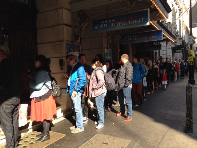 The queue for #DaySeats to our final two shows today was round the block! #HalfASixpence 💙