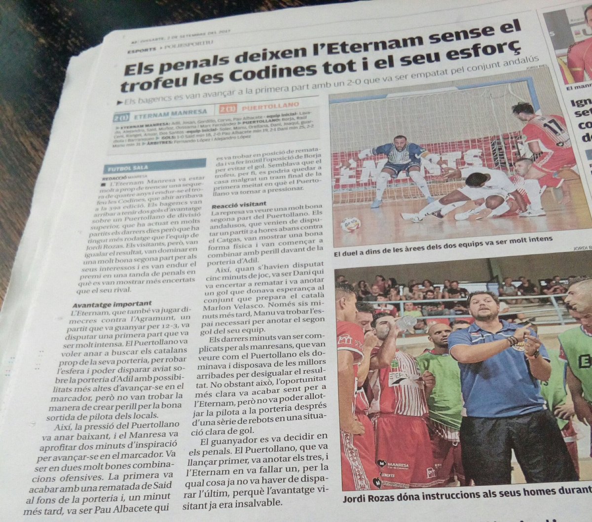ClubManresaFS's tweet photo. Crònica diari Regió7 del @clubmanresafs 2-2 @FSDPuertollano (1-3) https://t.co/i2lMqoLCfW