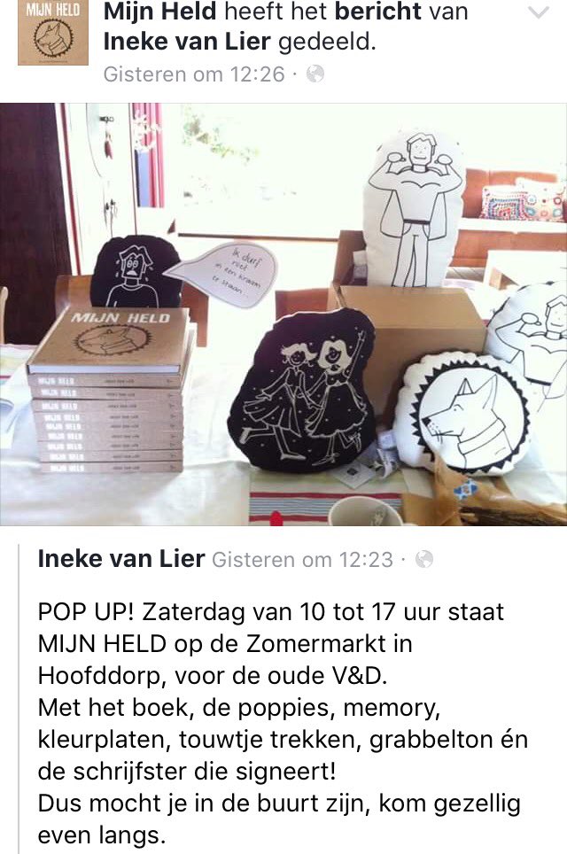 Mijn Held staat nog tot 17.00 uur op #zomermarkt  in #Hoofddorp! <a href="/ienebien/">Ineke van Lier</a> @HoofddorpseCrnt <a href="/hdhaarlem/">Haarlems Dagblad</a> @AerialPublisher