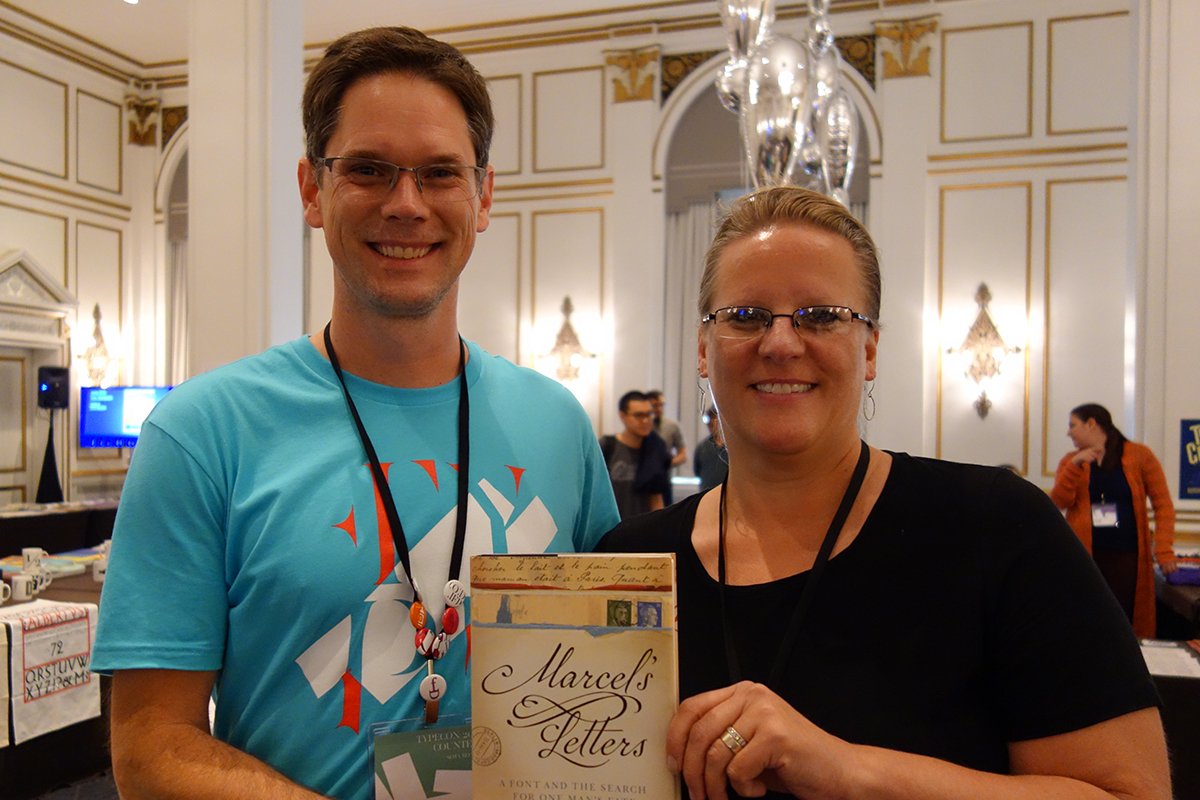 porterfolio's tweet photo. With @delvew of @delvefonts at #typecon2017. Delve is one of the three designers mentioned on pg.193 of #MarcelsLetters. #nonfiction https://t.co/WqG47U9zeV