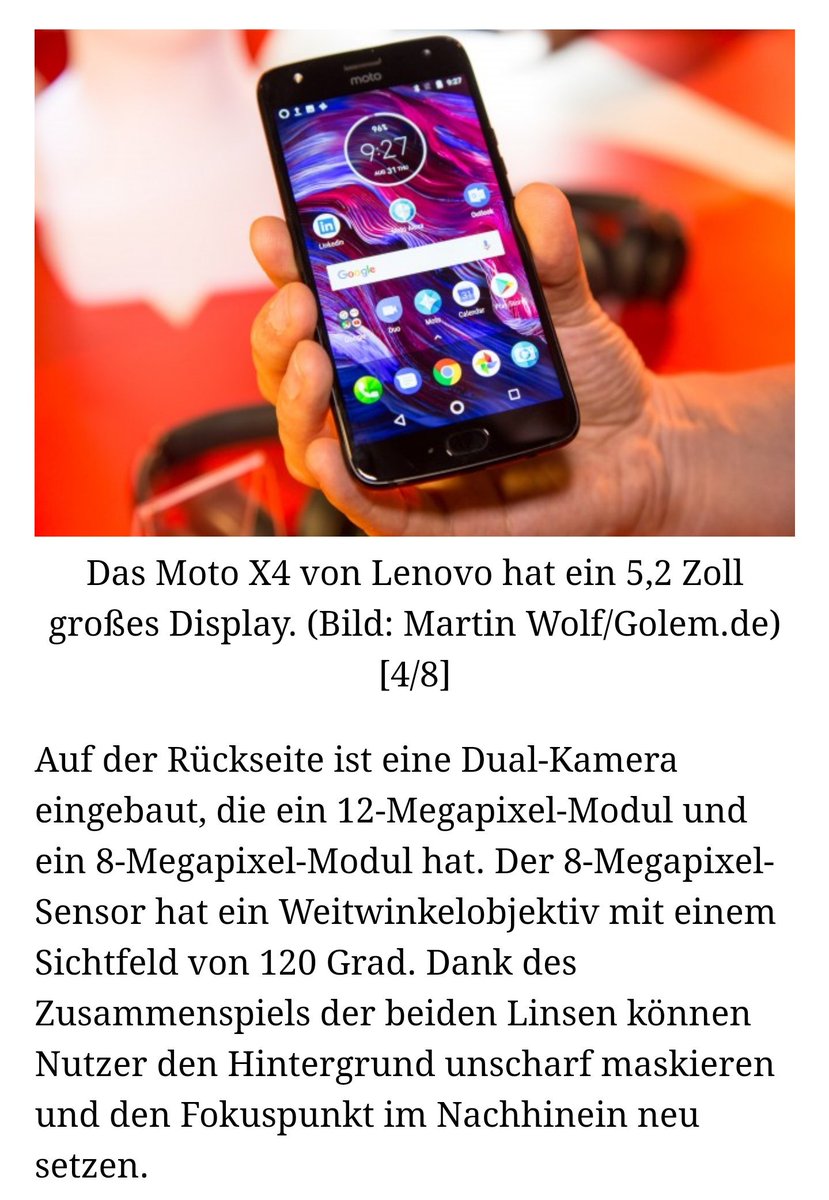 NorbertRoettger's tweet photo. "Bei einem Preis von 400 Euro ist das Moto X4 im Preis-Leistungsverhältnis aktuell schwer zu schlagen." #motoX4 #LenovoIFA #LenovoDE https://t.co/eqIyKxUBnL