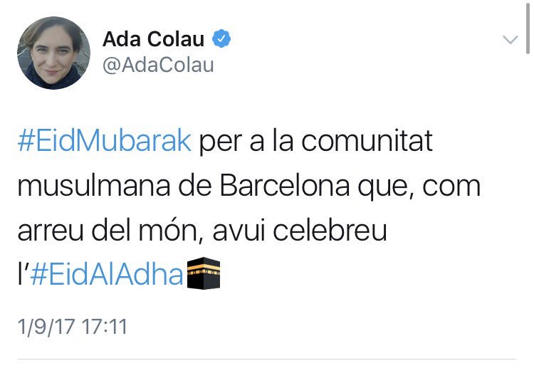QuiqueVal's tweet photo. La laica y antitaurina Ada Colau felicitando la fiesta musulmana en la que se degollan y desangran corderos vivos. Todo muy coherente https://t.co/Urtv1dTp4s