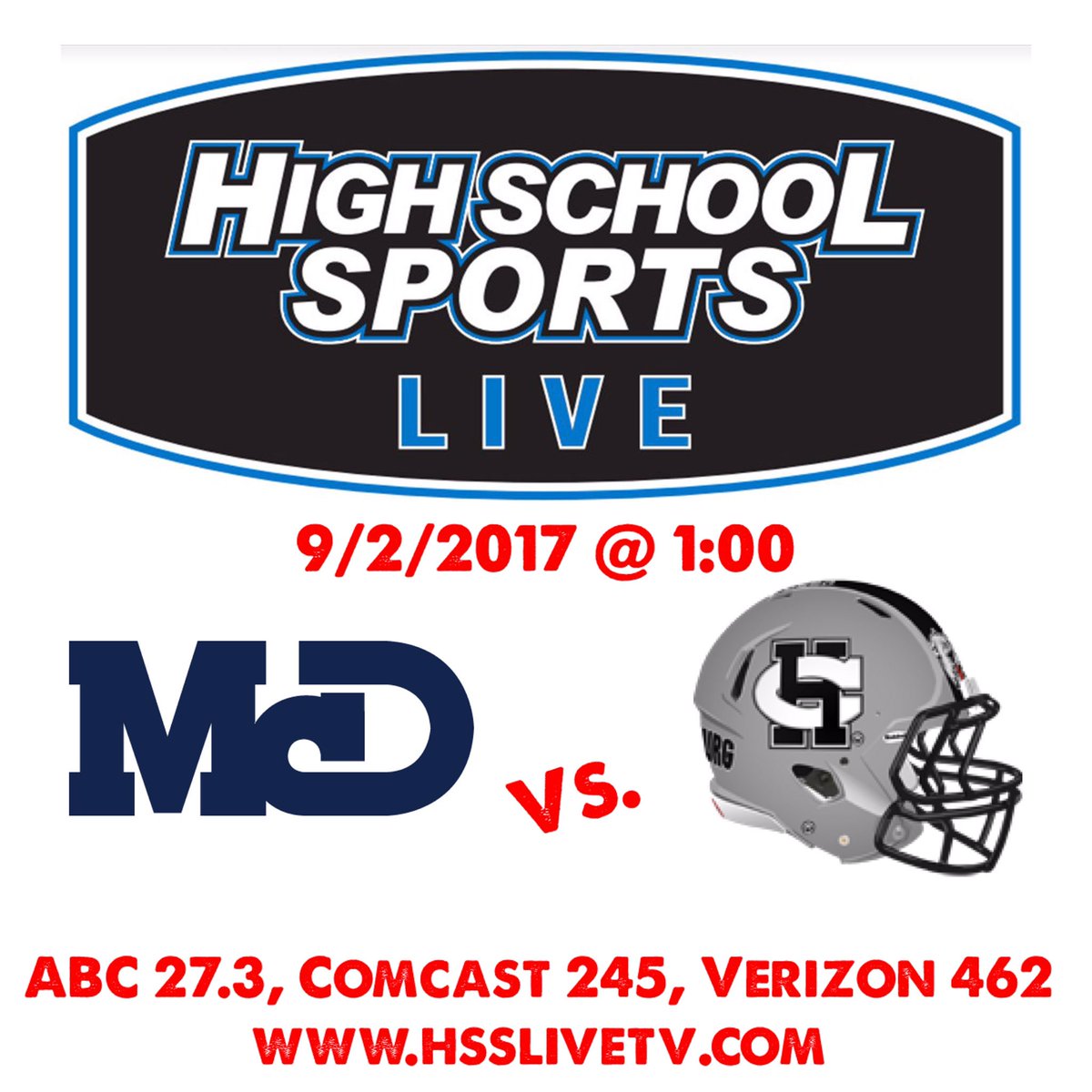 HSSLiveTV's tweet photo. Watch LIVE @Hbg_Sch_Dist vs. @BishopMcDevitt TODAY at 1pm
Tune in to ABC 27.3, Comcast 245, Verizon 462 or online at https://t.co/HRsVAzj9xp https://t.co/RMni29L1cW