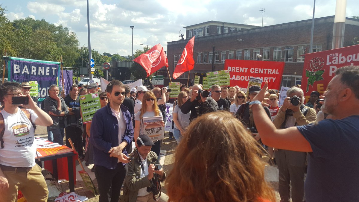 FastfoodRights's tweet photo. #McStrike protest at McD's HQ underway... "This is a class fight" https://t.co/wAhjF5GYUb