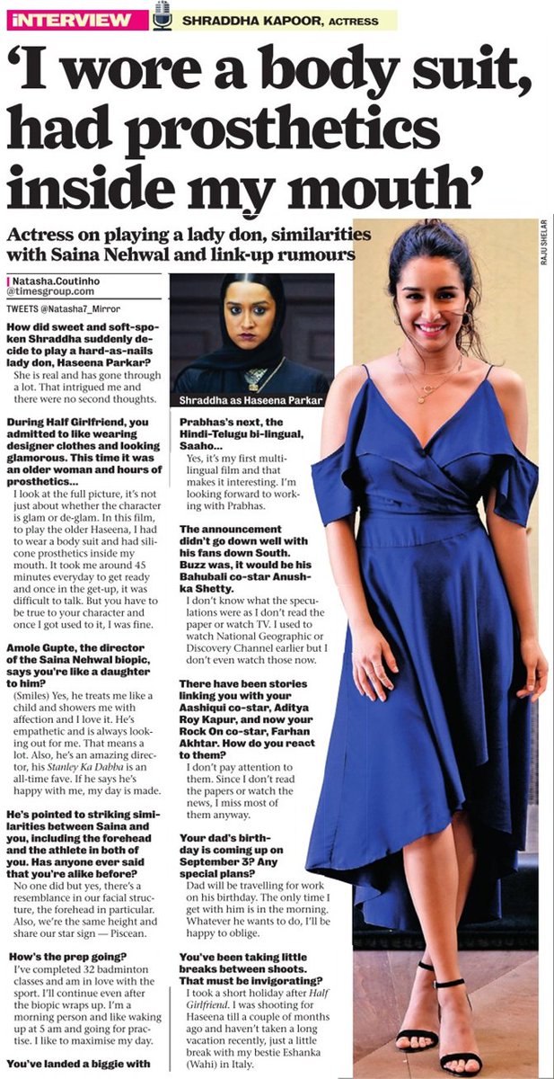 ILuvShraddha's tweet photo. [SCAN]: @ShraddhaKapoor talks about playing a lady don, similarities with @NSaina and link-up rumours! https://t.co/RHWZrBNZWh