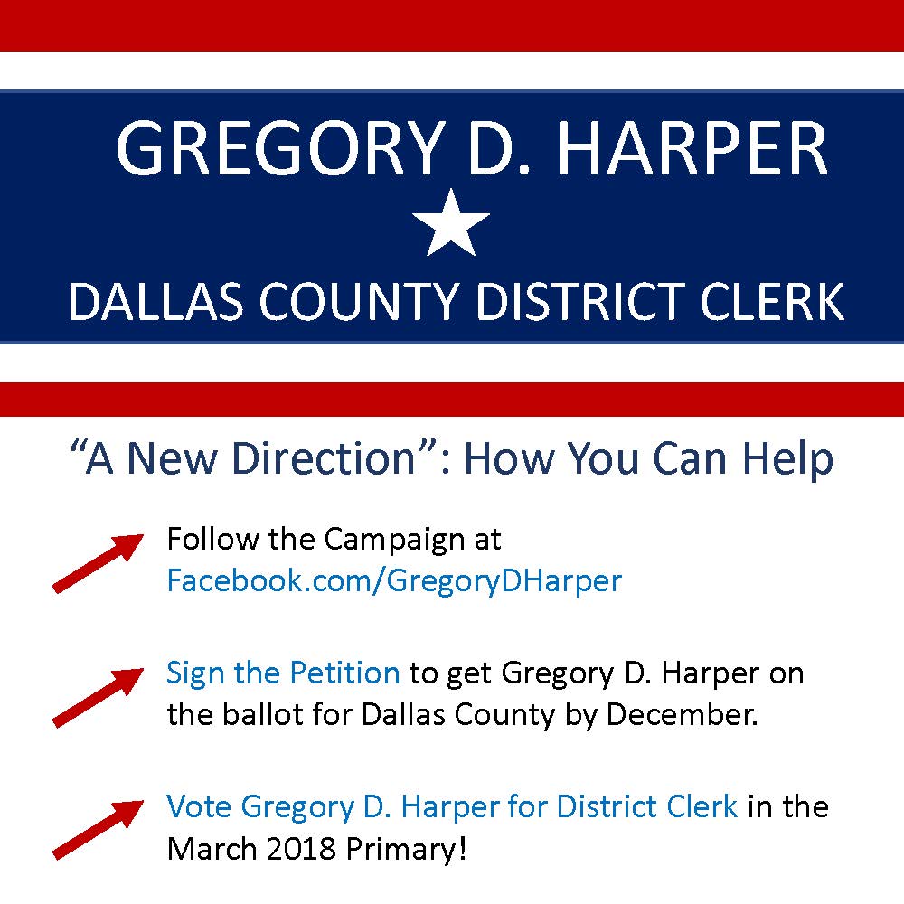 Greg7131's tweet photo. Get registered to vote Gregory D. Harper for Dallas County District Clerk. #Dallas #ANewDirection #Politics https://t.co/adBTsbXqrL https://t.co/2rvp6bluVR