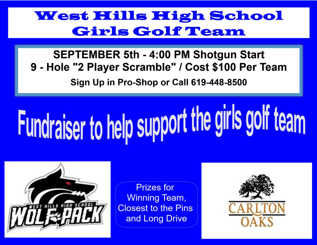 Haley's West Hills Girls Golf is having a fundraiser this Tuesday, Sept 5th.  Come support Girls Golf and have a afternoon of fun!