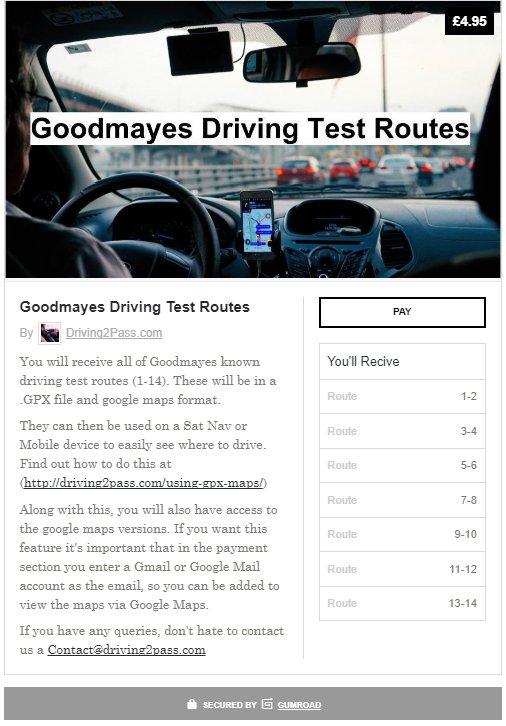 DrivingTwoPass's tweet image. For £4.95 you can now purchase all of Goodmayes driving test centre routes which are compatble on iPhone , Android , SatNav and Google Maps.