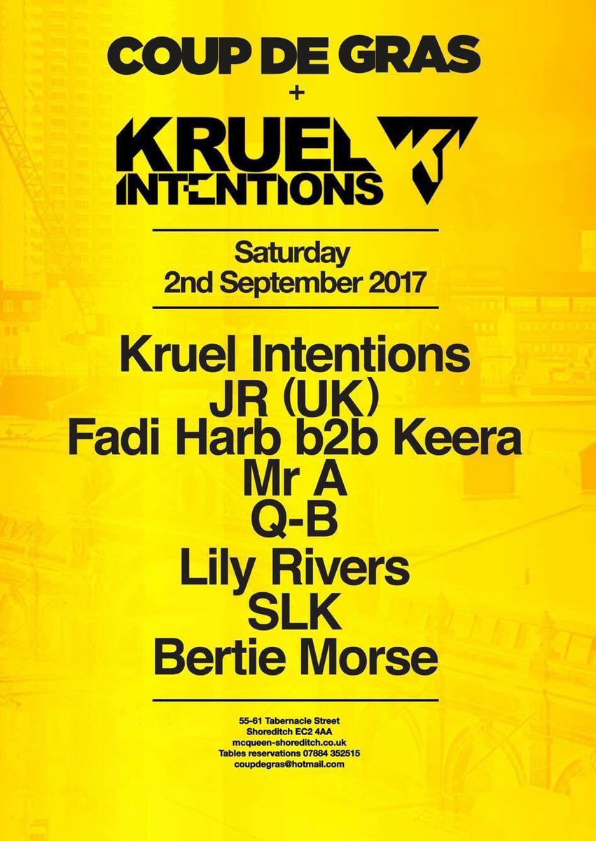 Kicking September tonight with <a href="/CoupDeGras1/">CoupDeGras</a> &amp; <a href="/kintentions/">Kruel Intentions</a> 🎶

#shoreditch #housemusic #dance #london